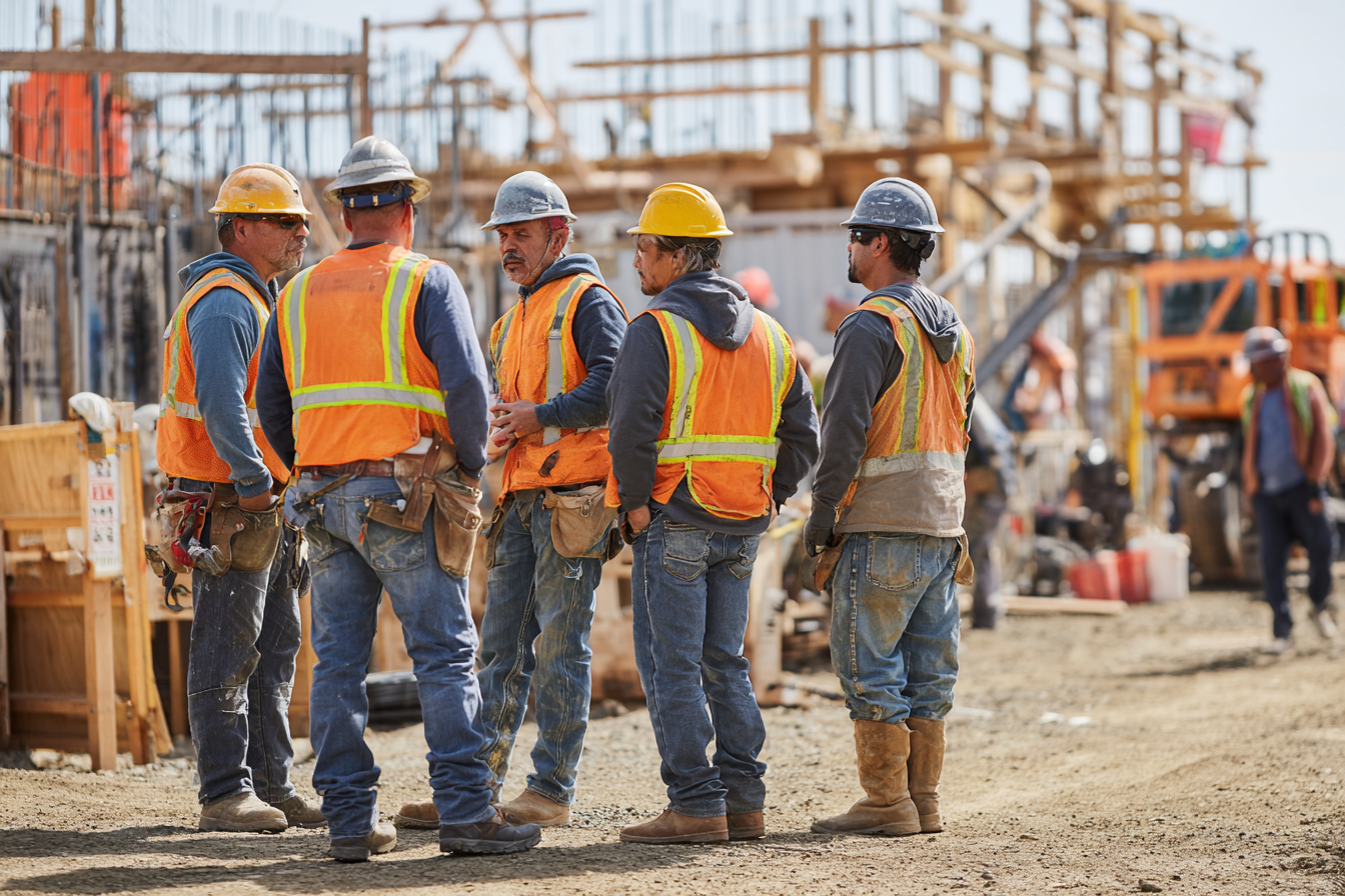 Hispanic construction workers in safety gear performing construction tasks at job site with proper safety equipment and protocols