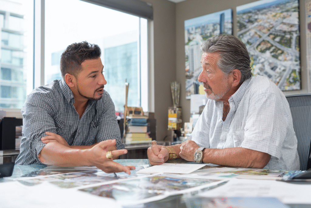 insurance agent in rolled-up sleeves consulting with construction company owner in classic professional office