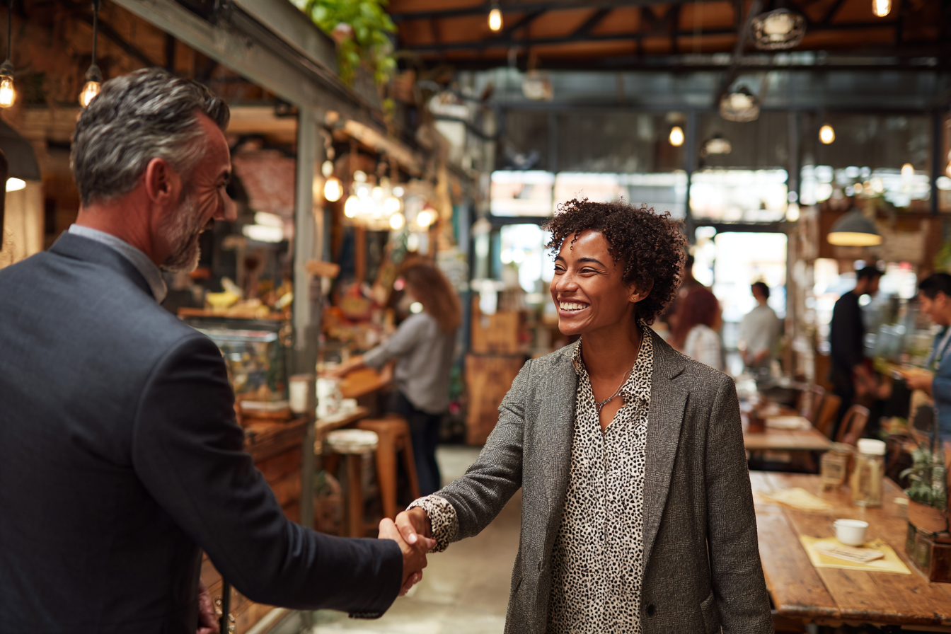 Hispanic business owner meeting with insurance agent about general liability coverage in retail shop with customers and operational activities