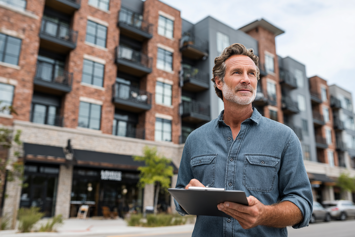 Commercial real estate investor reviewing property documents while inspecting mid-rise office building with retail spaces