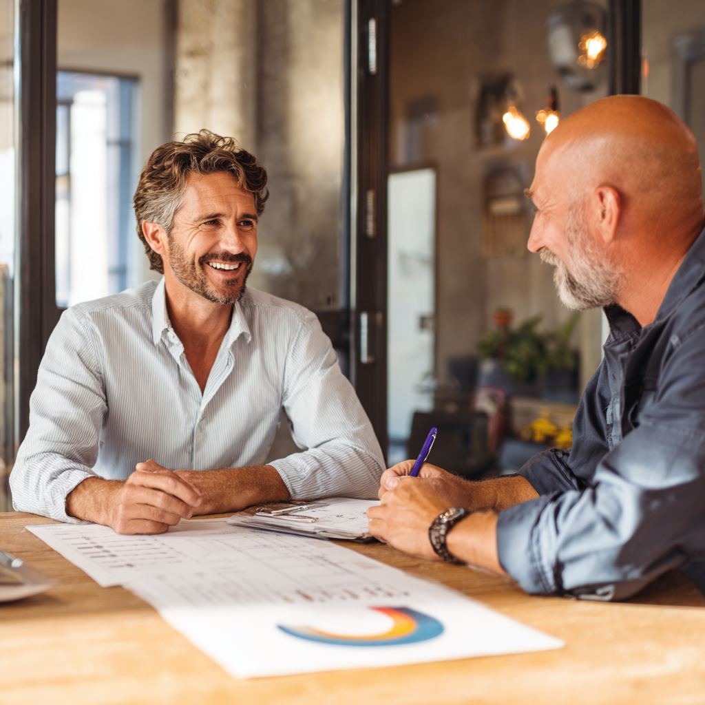 Risk advisor and foreman reviewing a one-page Risk Score and 90-day plan—proactive commercial insurance strategy.